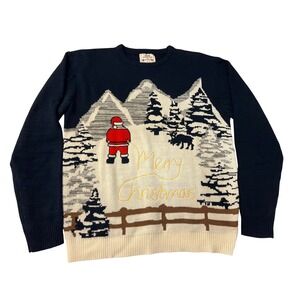 Daisys Boutique Mens XL Ugly Christmas Sweater Funny Santa Mountain Scene Navy